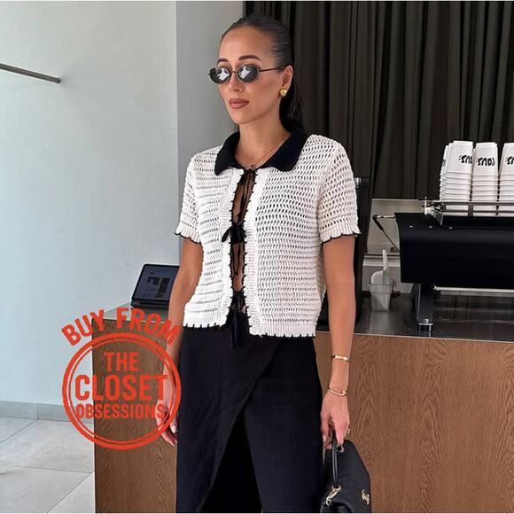 Zara Tops - Zara NWT Ecru Black Crochet Polo Collar Tie Front Short Sleeve Top L